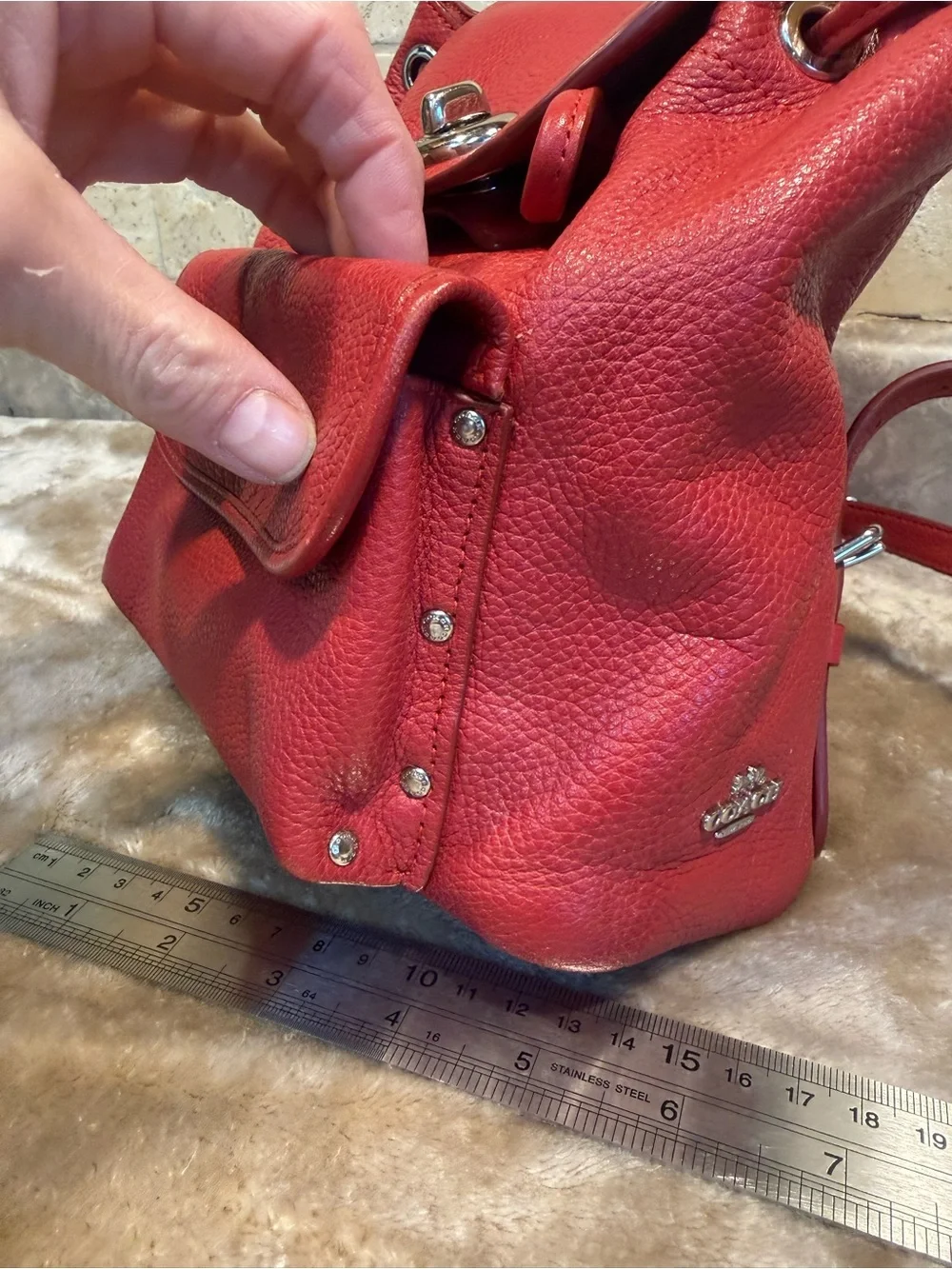 Coach Mini Red Pebble Leather Drawstring Backpack with Front Pocket